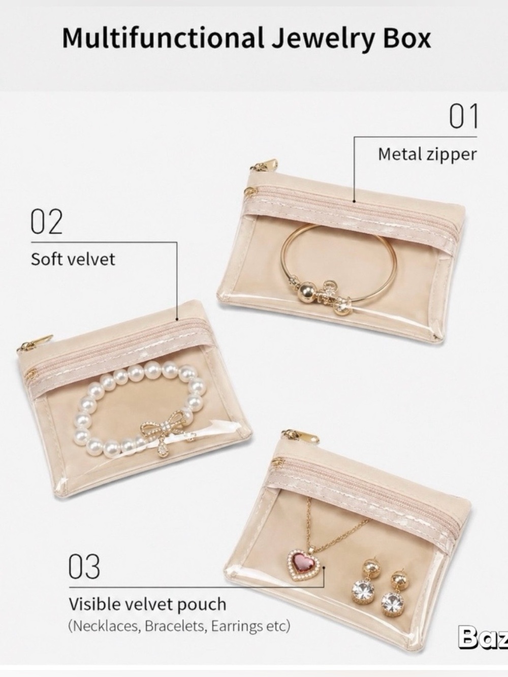 3pc Vlando Travel Jewelry Organizer Velvet Jewelry Pouch Clear Front W/ Zipper
